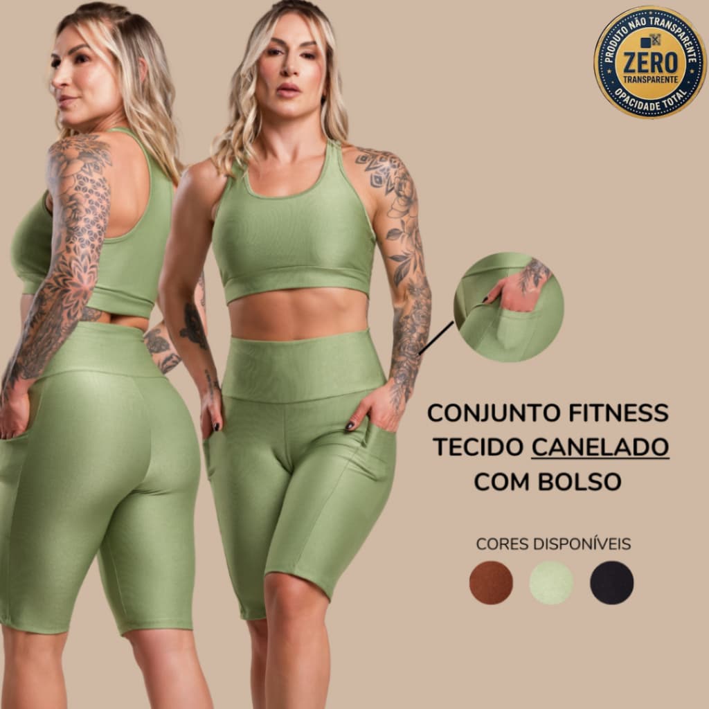 Conjunto Fitness Feminino Canelado Brilhoso Academia Top Nadador Liso e Bermuda Com Bolso Cintura Alta Treino DRB Modas