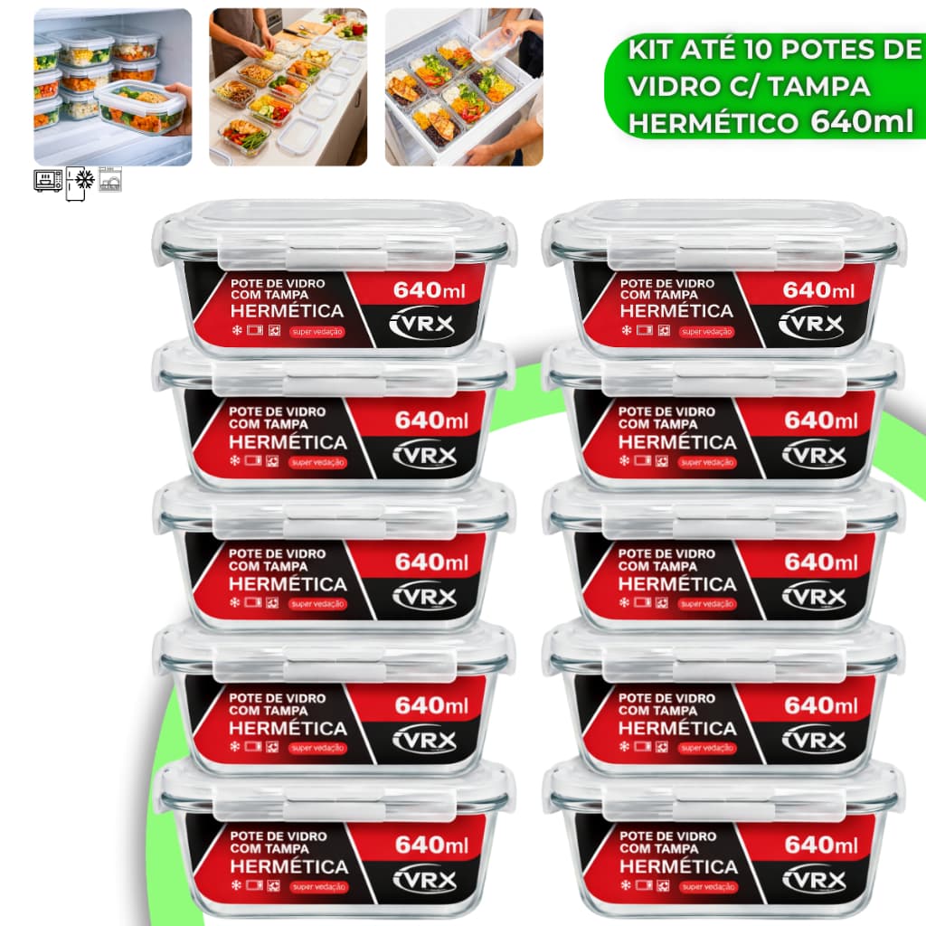 Potes De Vidro Hermético 640ml Borossilicato 4 Travas Marmita Freezer Fitness Fit Premium