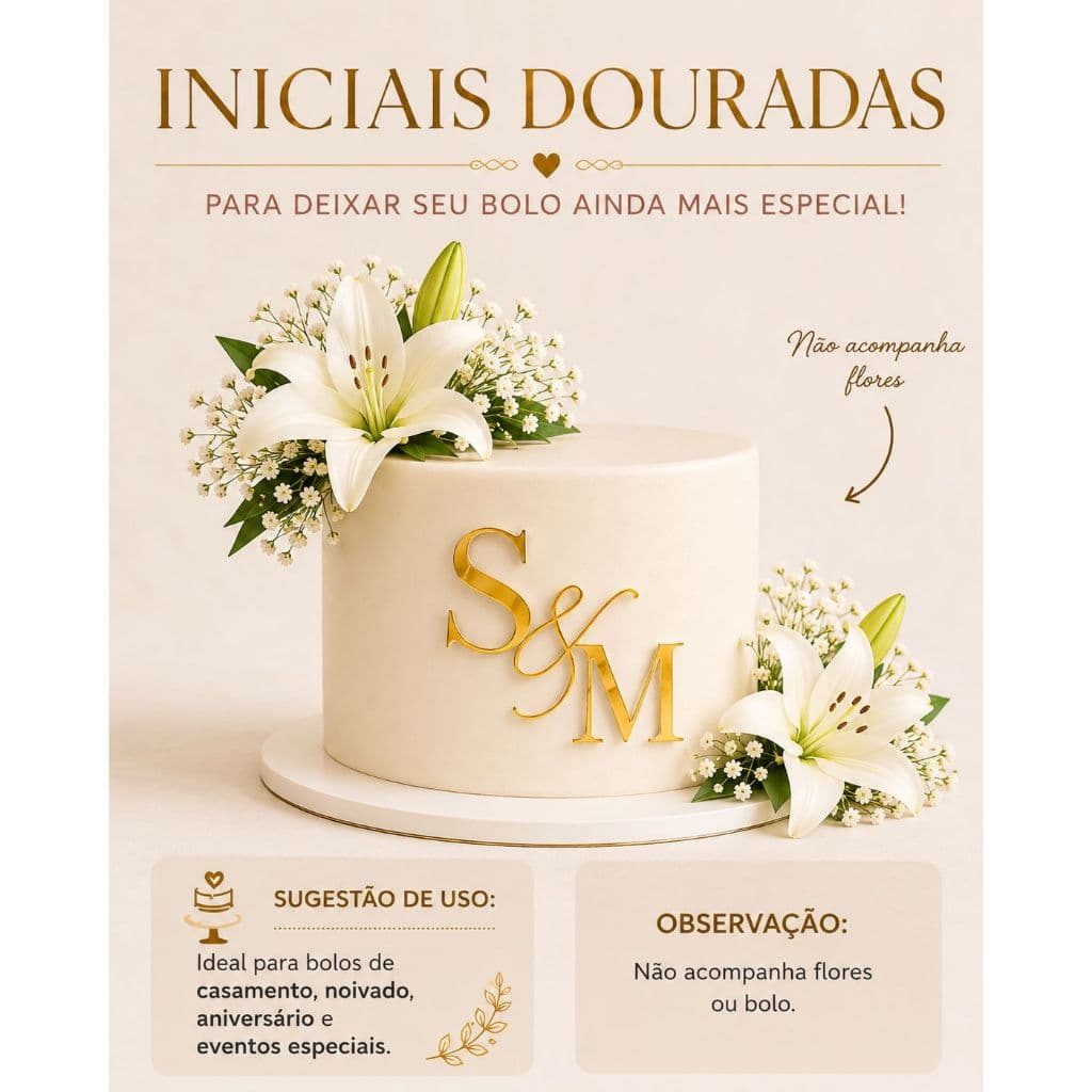 Iniciais Douradas para Bolo Topo de Bolo Casamento Noivado Letras Douradas