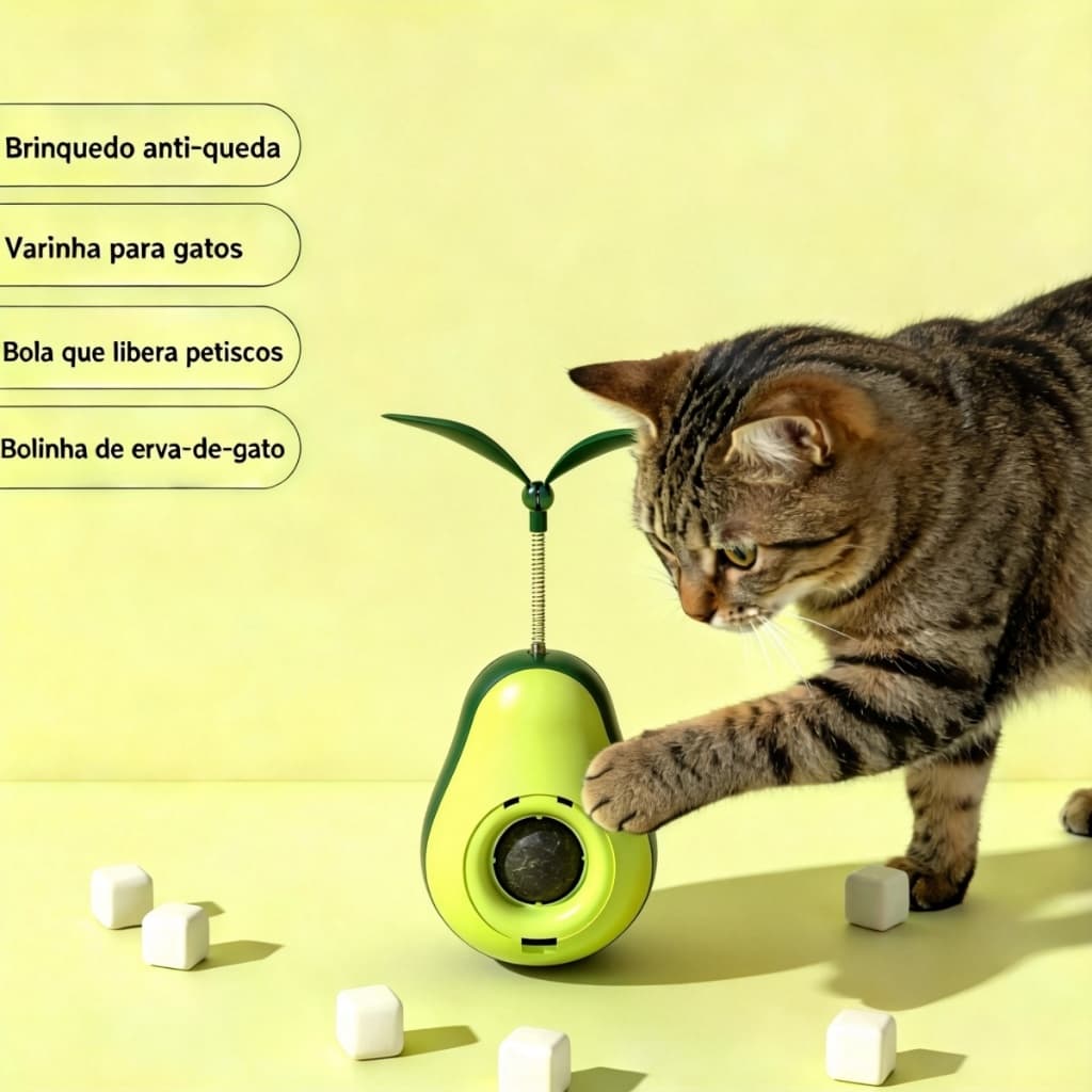 Brinquedo Abacate Anti-Queda c/ Catnip + Varinha p/ Cães e Gatos – Libera Petiscos Evita Engasgos – Envio Nacional