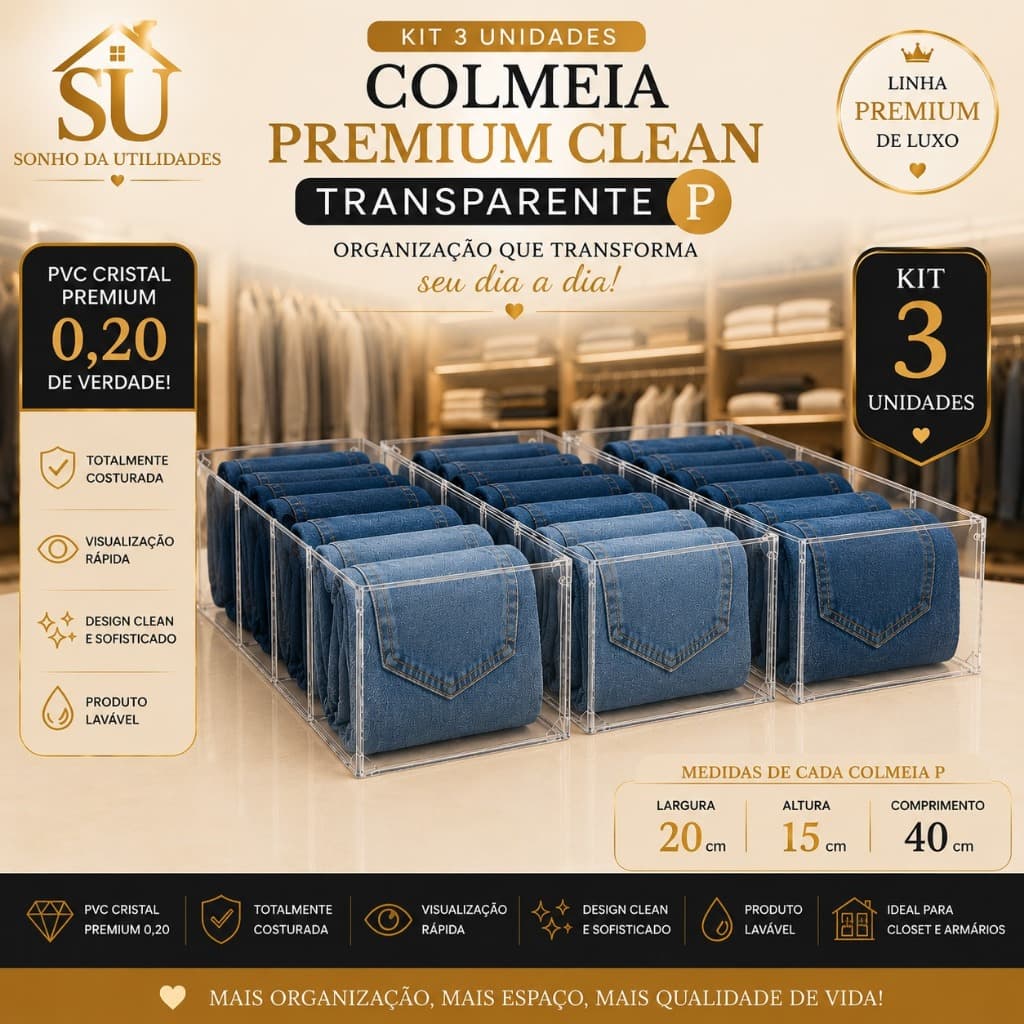 Kit 3 Colmeias Organizadoras Premium Clean Transparente P PVC Cristal 0,20 Costurada para Jeans - SU