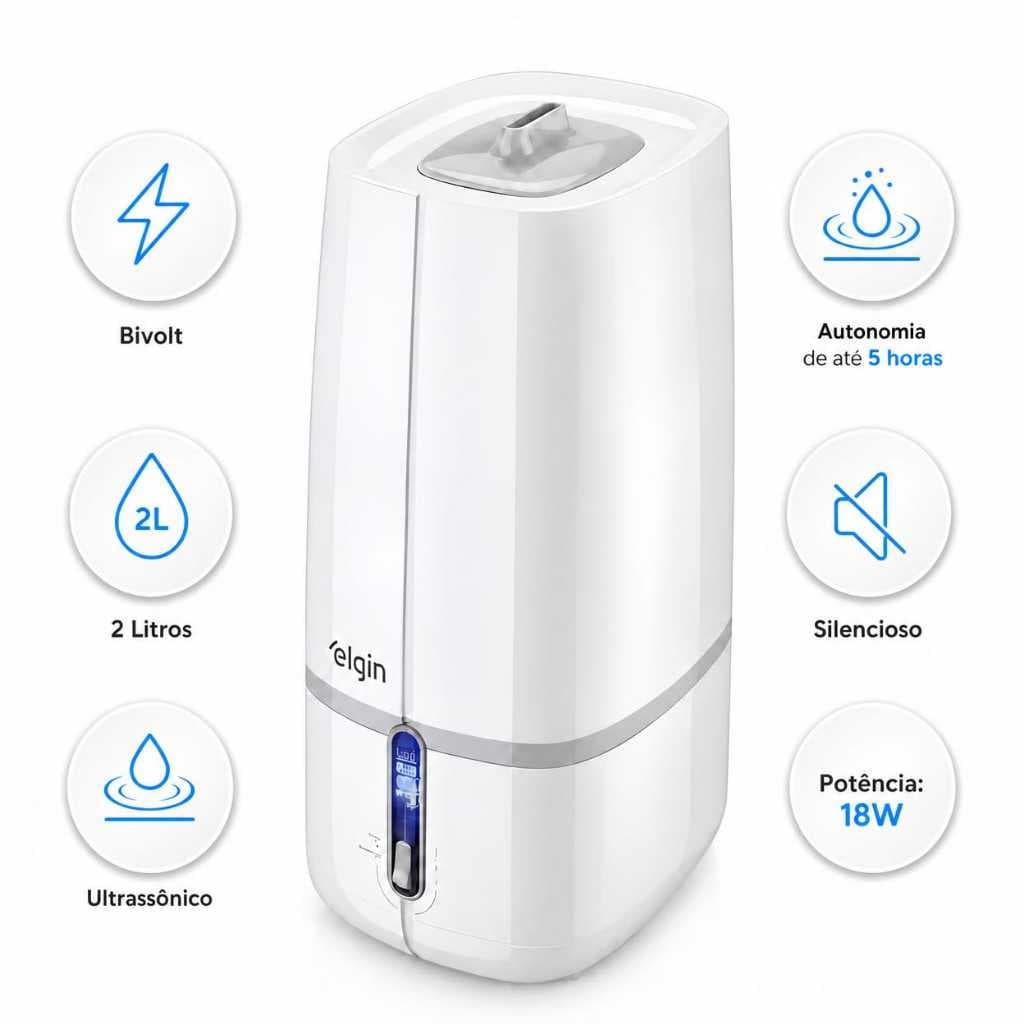 Umidificador De Ar Ultrassônico Elgin 2l Quarto Bebê Adulto Ar Condicionado Silencioso Bivolt