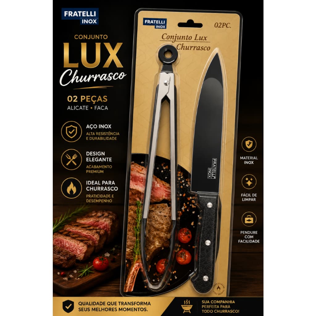Conjunto Lux Churrasco Fratelli Inox 2 Peças – Faca e Pegador em Aço Inox para Churrasco