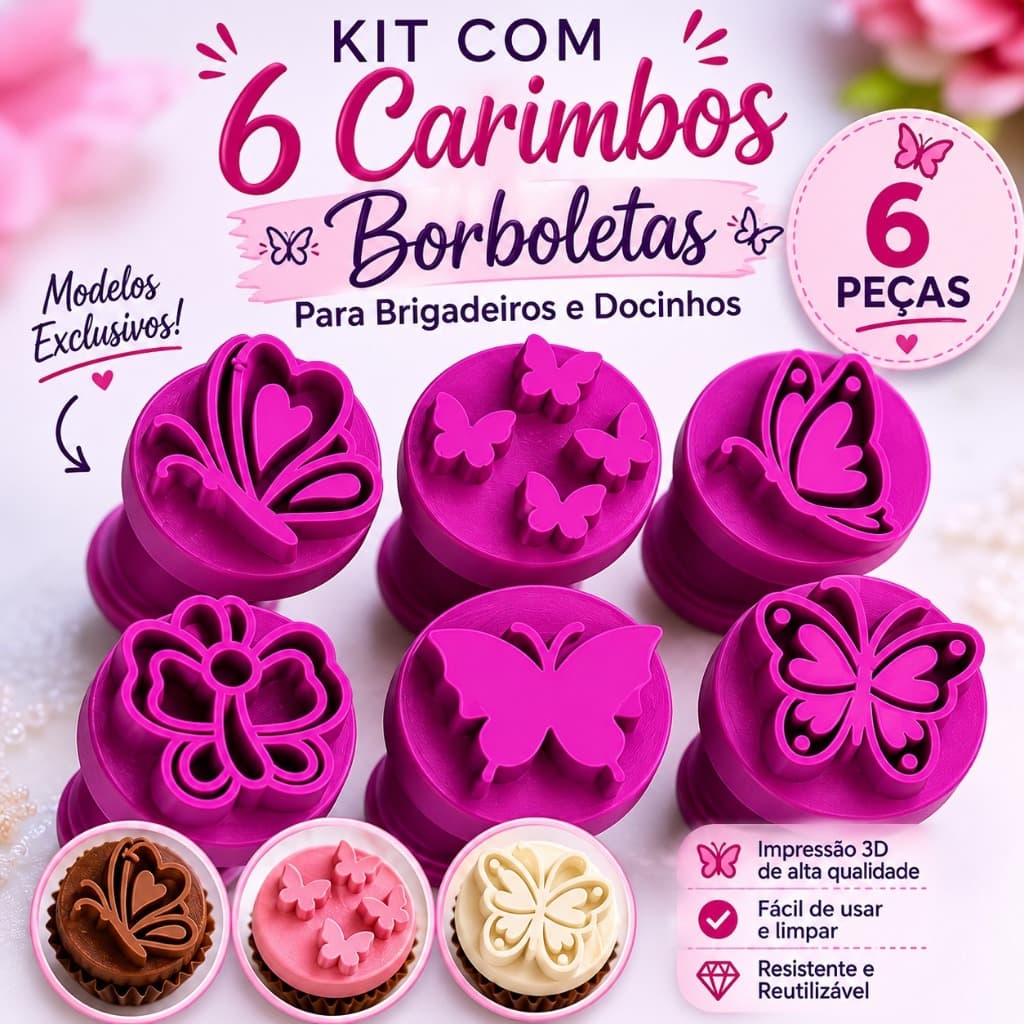 Kit 6 Carimbos Borboletas para Brigadeiro Docinhos Festa Jardim
