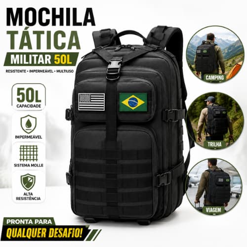 Mochila Tática Militar 50L Reforçada Impermeável Grande p/ Camping Trilha Viagem Masculina Notebook Exercito Resistente