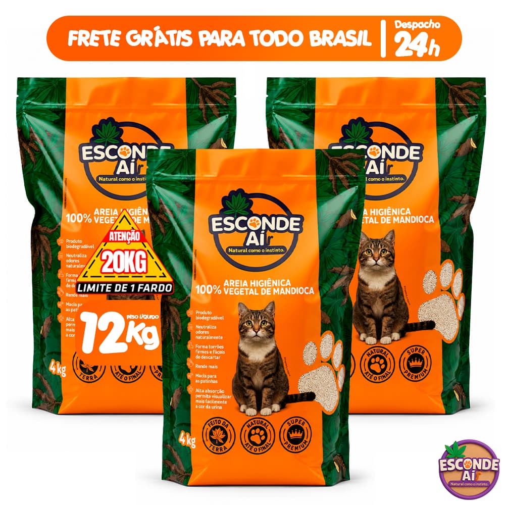 Kit 3 Pacote Areia de Higiênica Para Gato Biodegradável Esconde Ai 12KG Granulado Sanitário de Mandioca