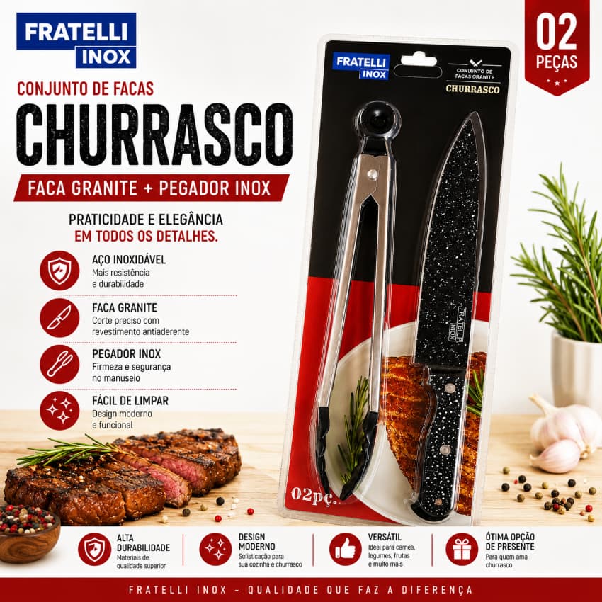 Kit Churrasco Fratelli Inox 2 Peças Faca Granite + Pegador