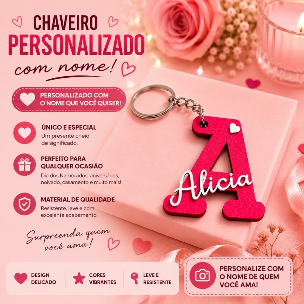 Chaveiro Com Nome e Inicial Do Nome Personalizado Duas Cores Chaveiro Com Letra Do Nome coração