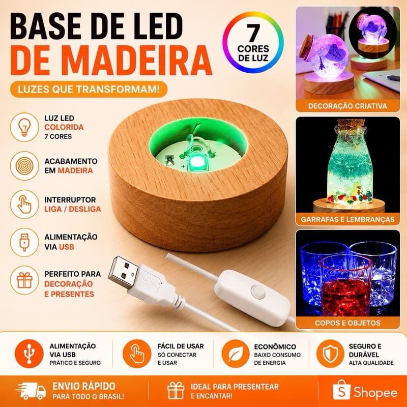 Base LED RGB USB Redonda Madeira para Cristal e Resina – Luz Colorida Decorativa