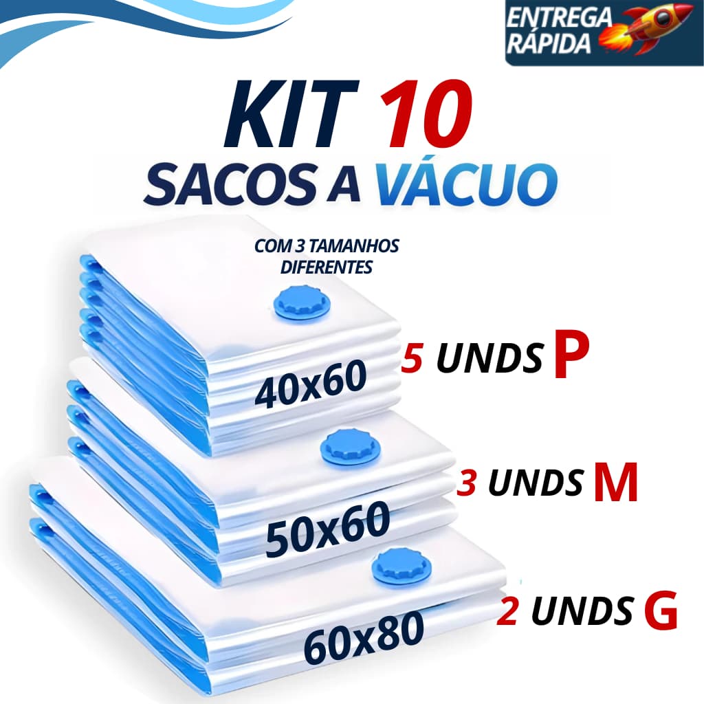 Kit 10 Sacos Organizadores a Vácuo 5un 40x60 - 3un 50x60 - 2un 60x80