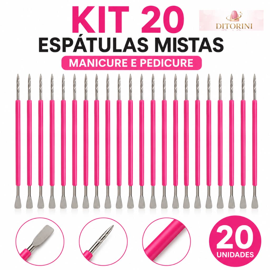 Kit 20 Espátulas Mistas Manicure e Pedicure Profissional Inox 420 Cabo Silicone Podologia
