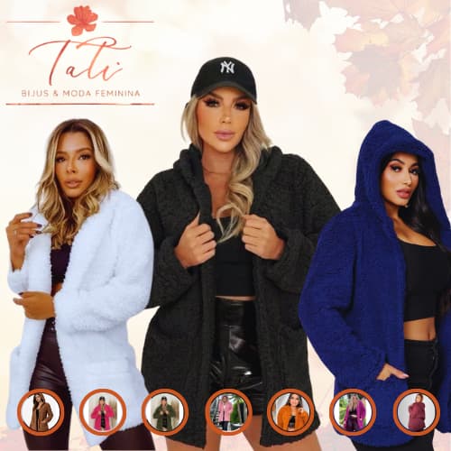Casaco Teddy Longo Feminino Felpudo com Capuz Peluciado com Bolsos Inverno Blusa com Touca Frio