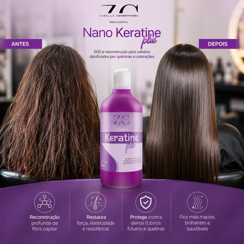 Nano Keratine Plus Zabella Profissional Queratina Líquida Gel SOS Reconstrução Capilar Cabelos Danificados 500ml