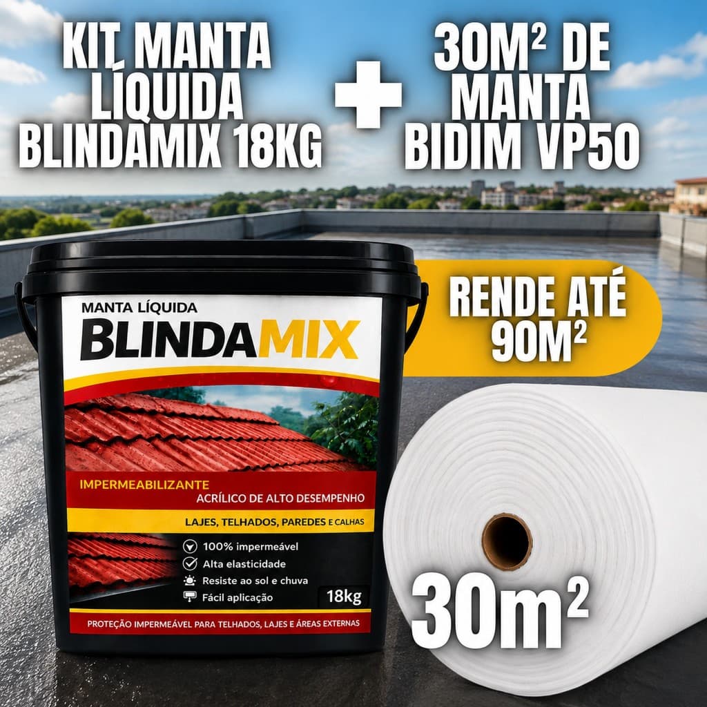 KIT Manta Líquida 18Kg + Bidim VP50 30m² - Laje Telhado Proteção Contra Infiltração