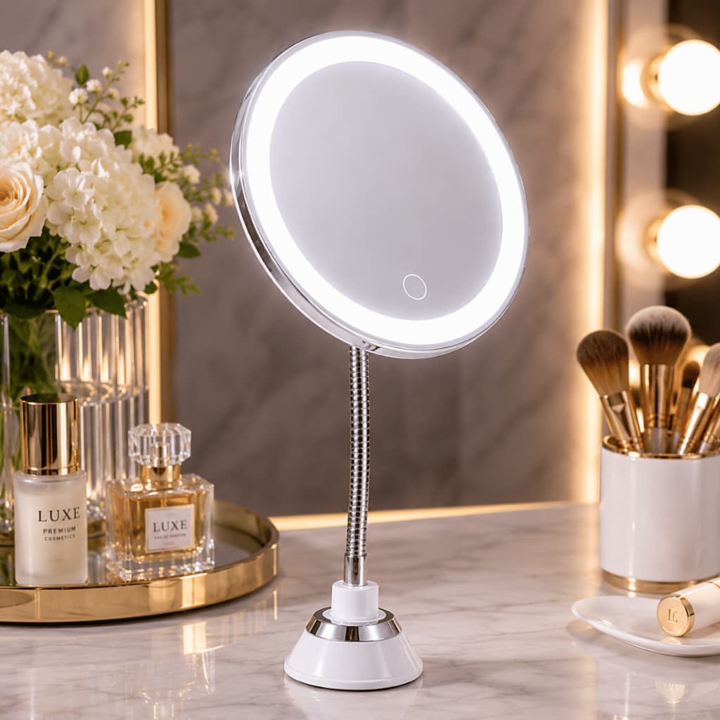 Espelho de Mesa Redondo Para Maquiagem Skin Care Luz LED com USB Decorativo Quarto Closet Banheiro