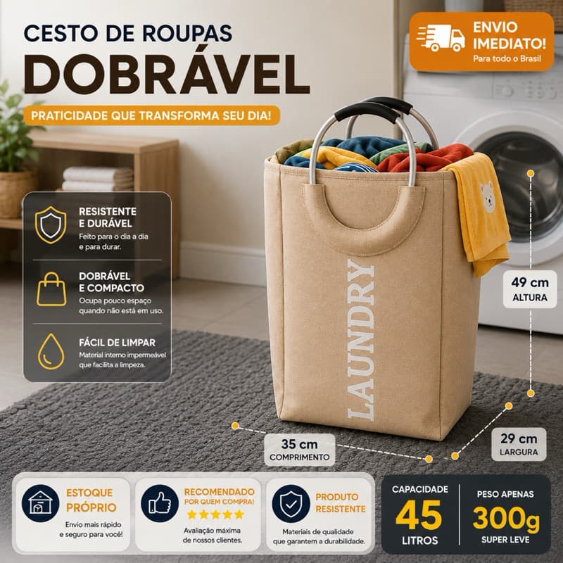 Cesto de Roupa Suja Grande 45Lts para Banheiro Organizador com Alça Metal Lavanderia