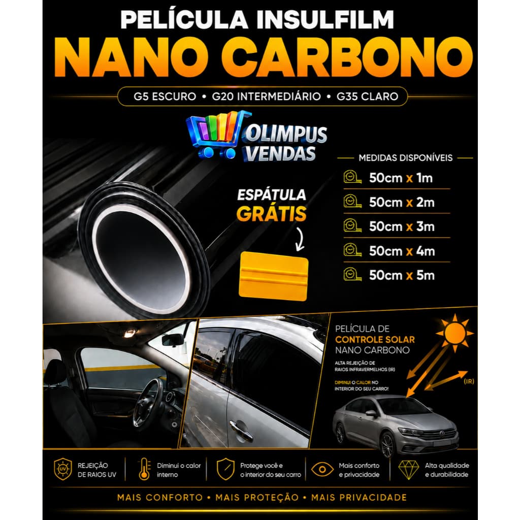 Película Insulfilm Nano Carbono G5 Fumê 50cm Automotivo Residencial