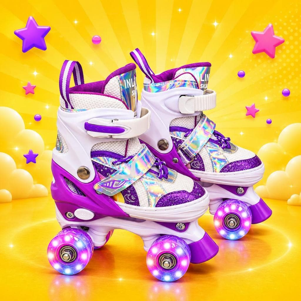 Patins Arco Iris Quad 4 Rodas Infantil com Led em todas Rodinhas + Bolsa