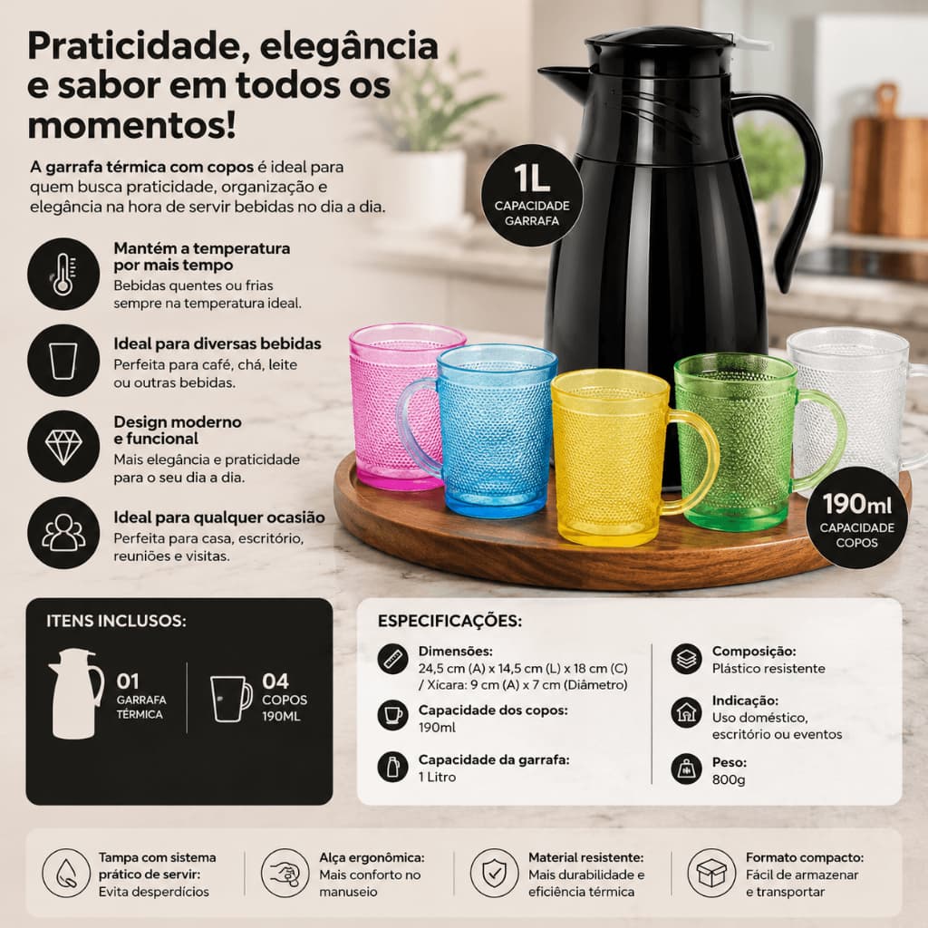 Conjunto garrafa térmica preta 190ml 4 canecas vidros praticidade organização e elegância café leite
