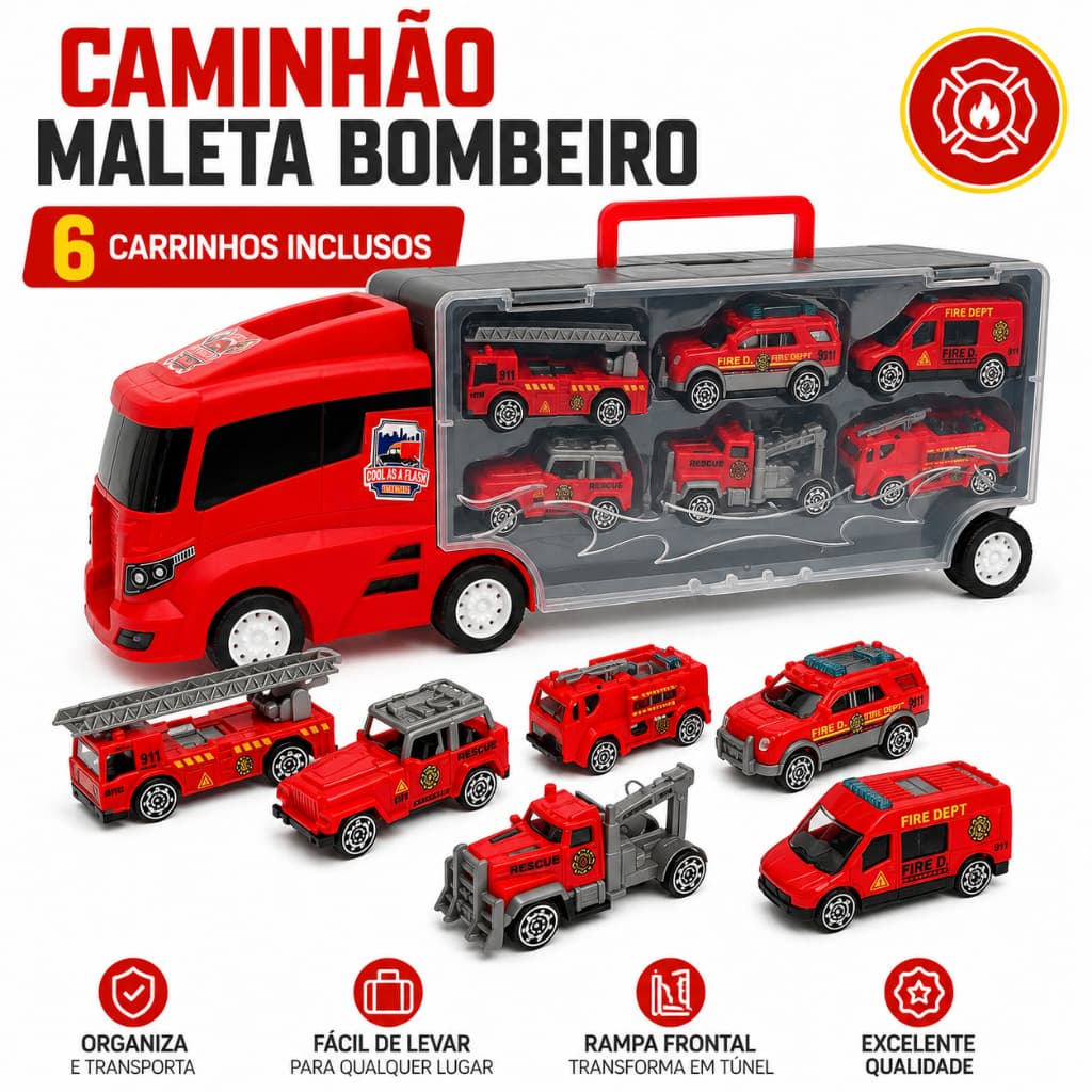 Caminhão Bombeiro ou Polícia ou Construtor Maleta Com 6 Carrinhos Rampa Túnel Porta Carrinhos Infantil