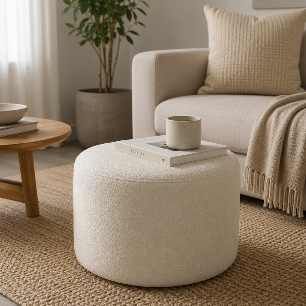 Puff Estofado Redondo Bouclé 65cm – Design Moderno e Aconchegante