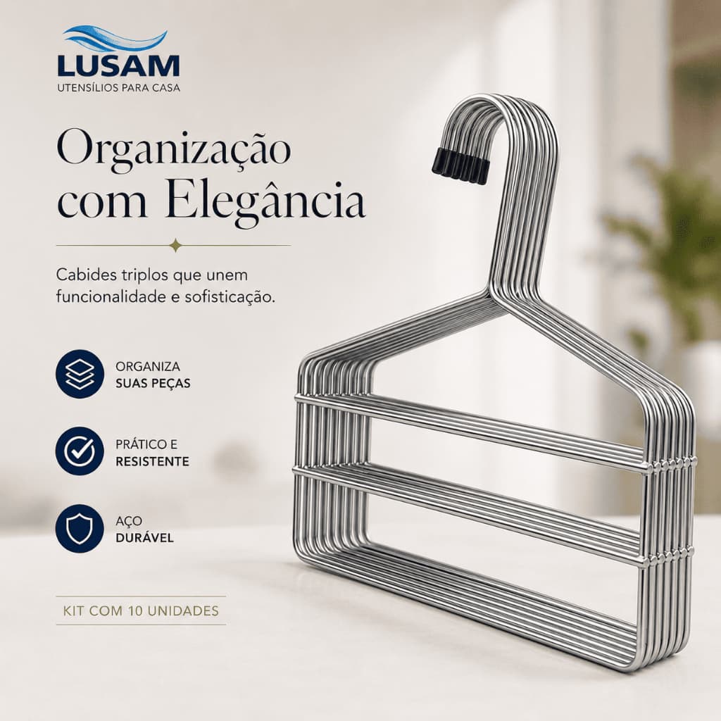 Cabide Triplo para Calças Kit com 10, 20 ou 30 Unidades Organizador Premium