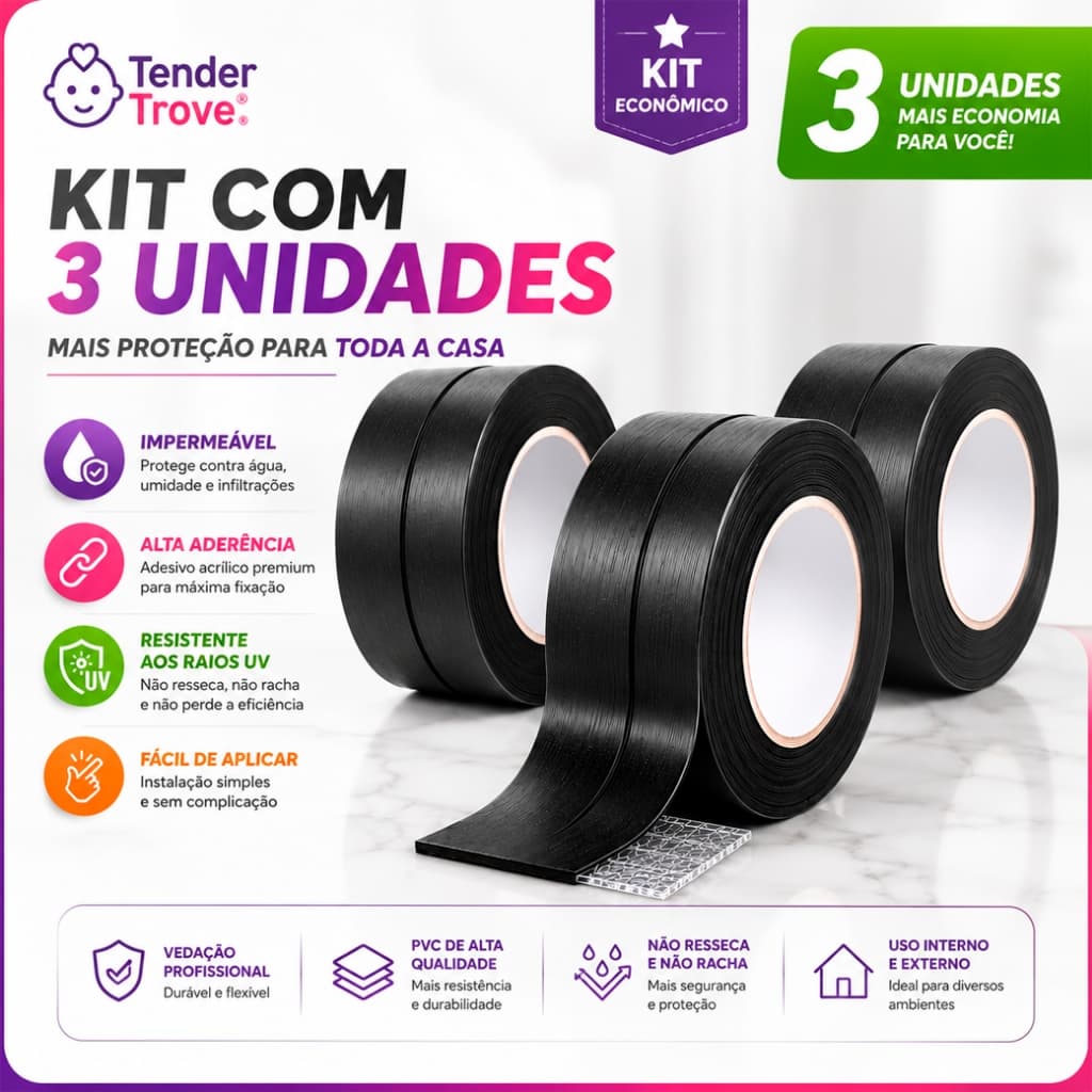 Kit 3 Rolos Fita PVC Adesiva Vedação Impermeável Box Banheiro Fogão Janelas Prova D'água Preta 🔒