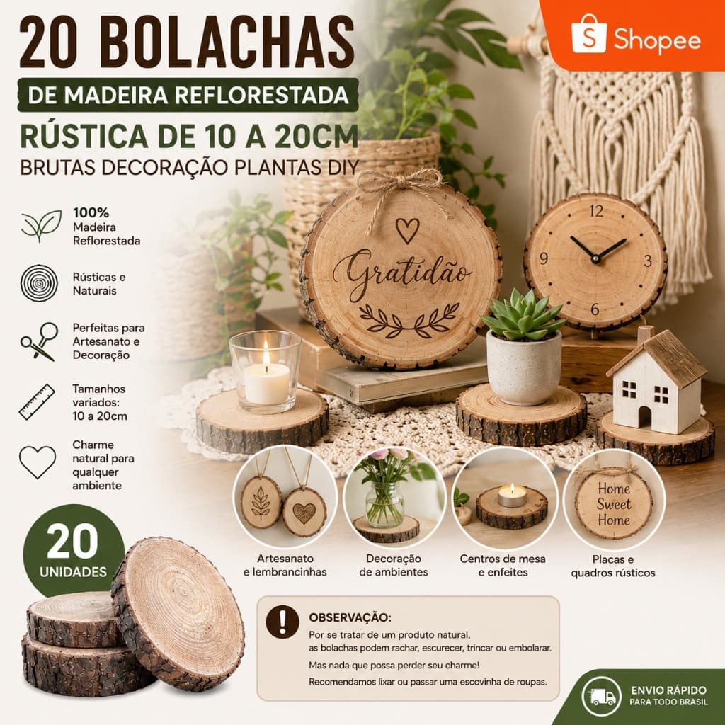 20 Bolachas de Madeira Reflorestada Bruta 10-20cm Centro de Mesa Artesanato