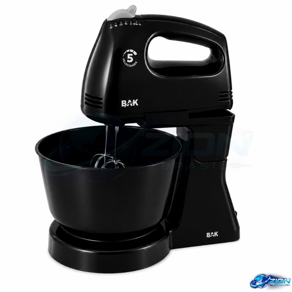 Batedeira Domestica 300W Tigela 2,5L Preta 5 Velocidades Batedores Ganchos Massas Cremes Confeitaria