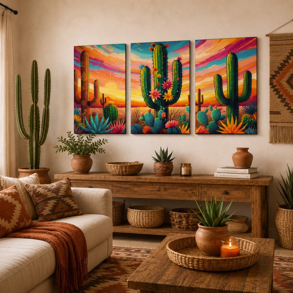 Kit 3 Quadros Cactos Coloridos  Sertão Decoração Moderna, Vibrante e Cheia de Vida