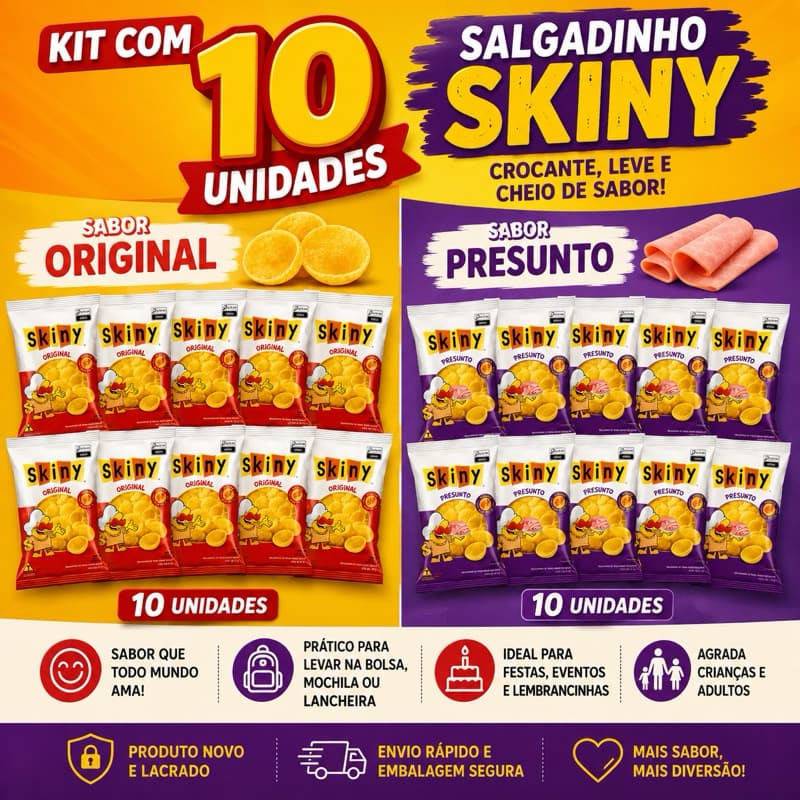 Kit com 10 biscoitos salgadinho Skiny 35 gramas ORIGINAL - Natural ou presunto