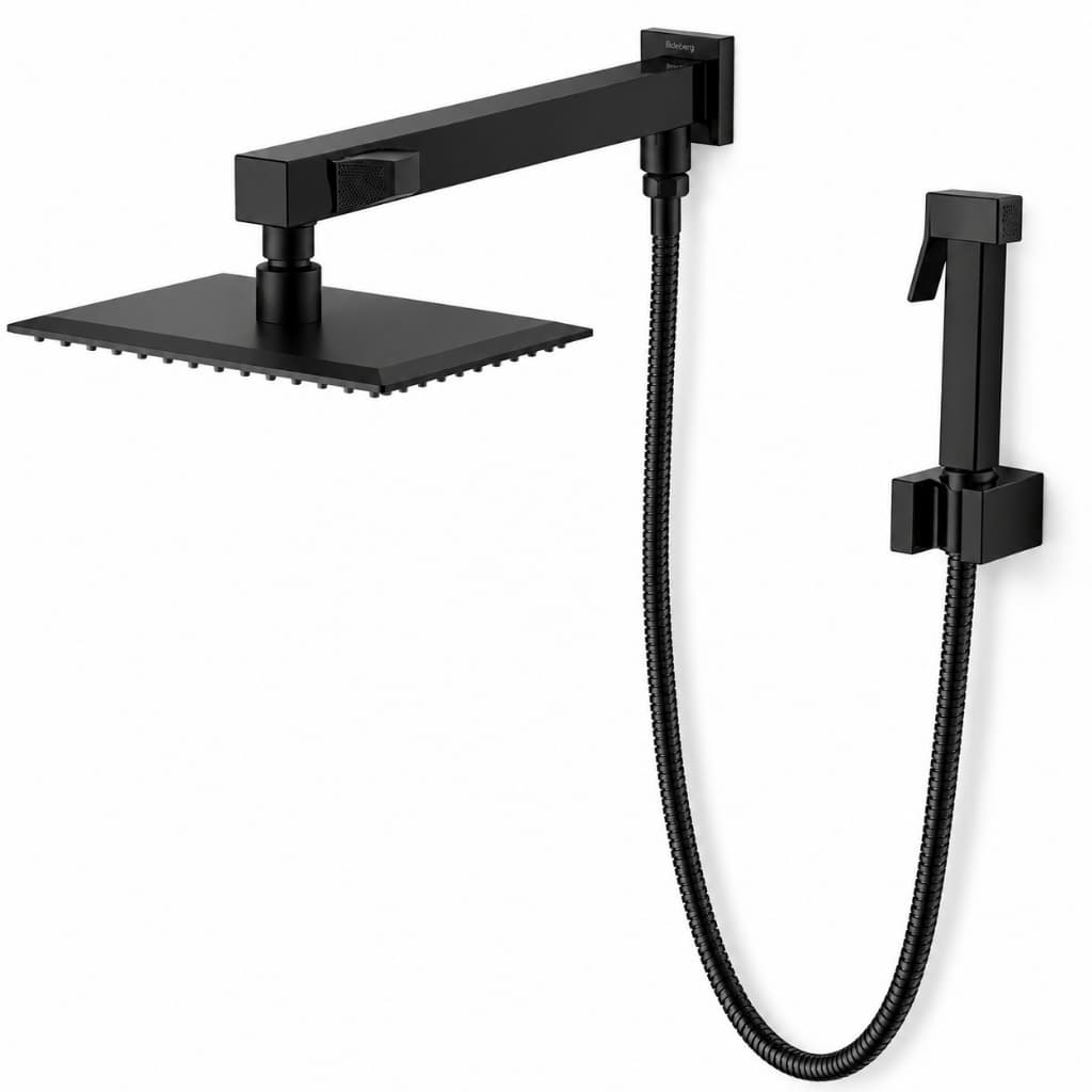 Ducha Slim Quadrada 20cm. Com Desviador Preto Fosco Metal