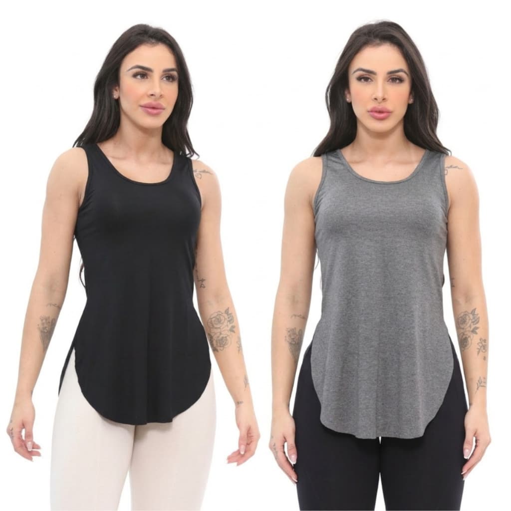 Kit 2 Regatas Tapa Bumbum Blusa Academia Corrida Long Vest Fitness Feminina Sobre Legging Viscolycra
