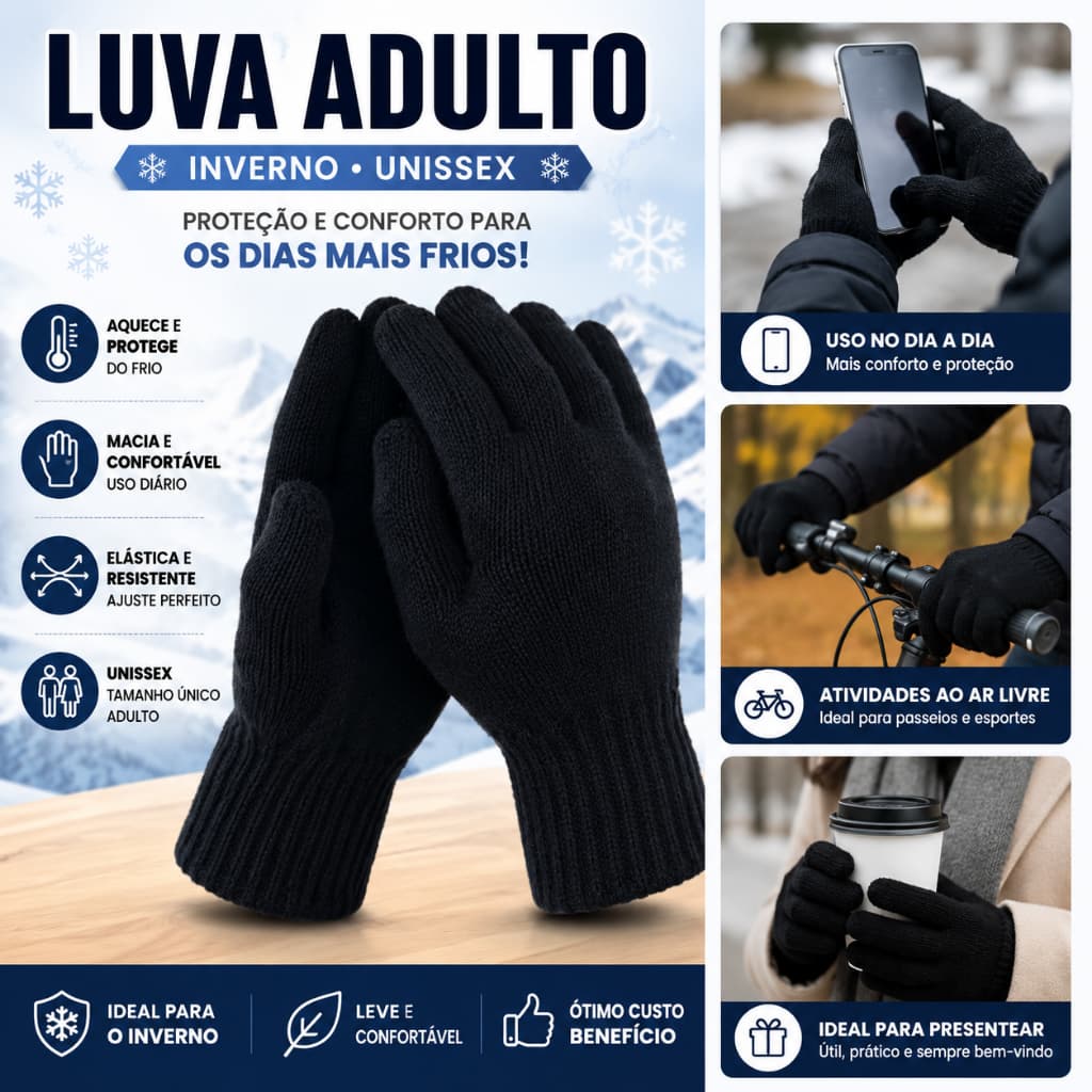 Luva De Lã Frio Inverno Adulto Preta Feminina Masculina Mãos