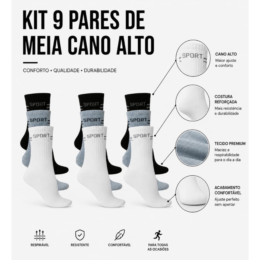 Kit 9 Pares de Meia Cano Alto Longo Médio Masculino Feminino