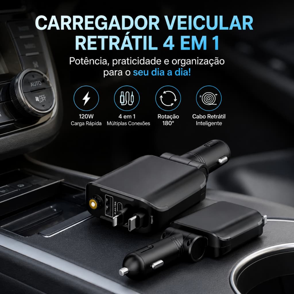Carregador Veicular Retrátil 120W USB-C USB-A 4 em 1 Carga Rápida Turbo Para LED 12V 24V