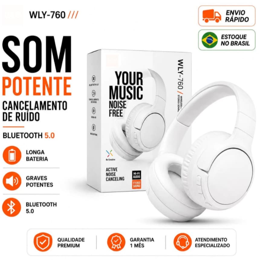 Fone de Ouvido Bluetooth 5.0 com Graves, Sem Fio - Headphone, WLY 760BT - Android e iPhone