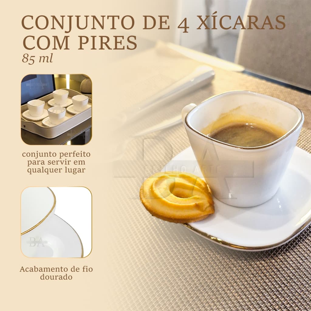 Conjunto de 4 Xícaras com Pires Borda Dourada Opalina Branca Luxo Cantinho Do Café