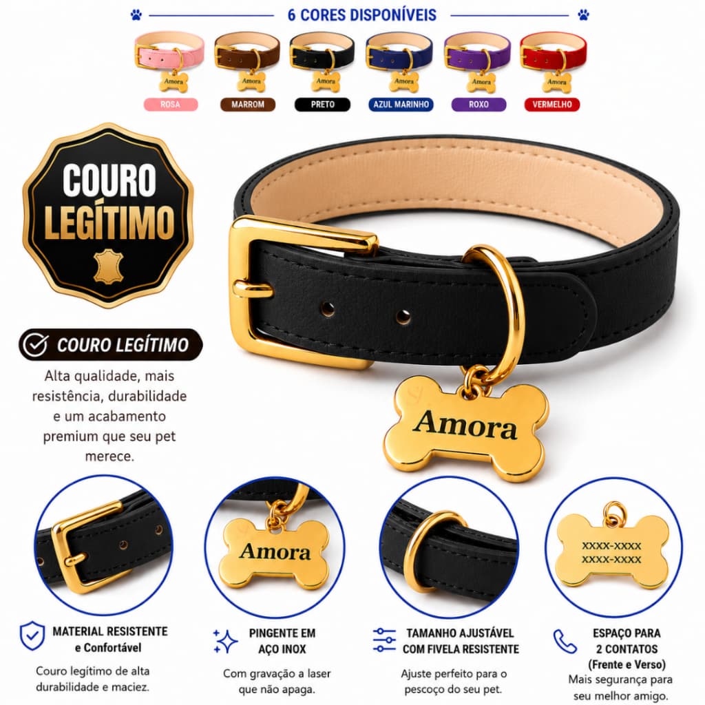 Coleira Couro Legitimo com osso Dourado Tag Plaquinha Identificação
