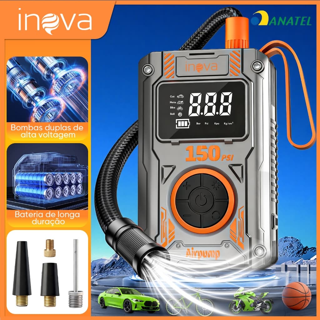 INOVA Bomba de ar portátil Manômetro digital Luz LED Recarregável via USB Automático PowerBank
