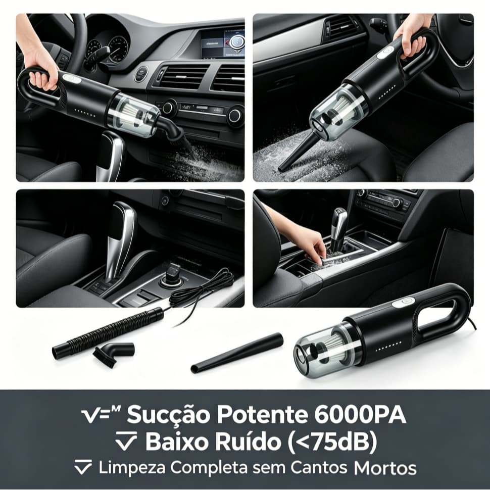 Aspirador Portátil Sem Fio USB com Acessórios para Carro Casa e Escritório 3600mAh