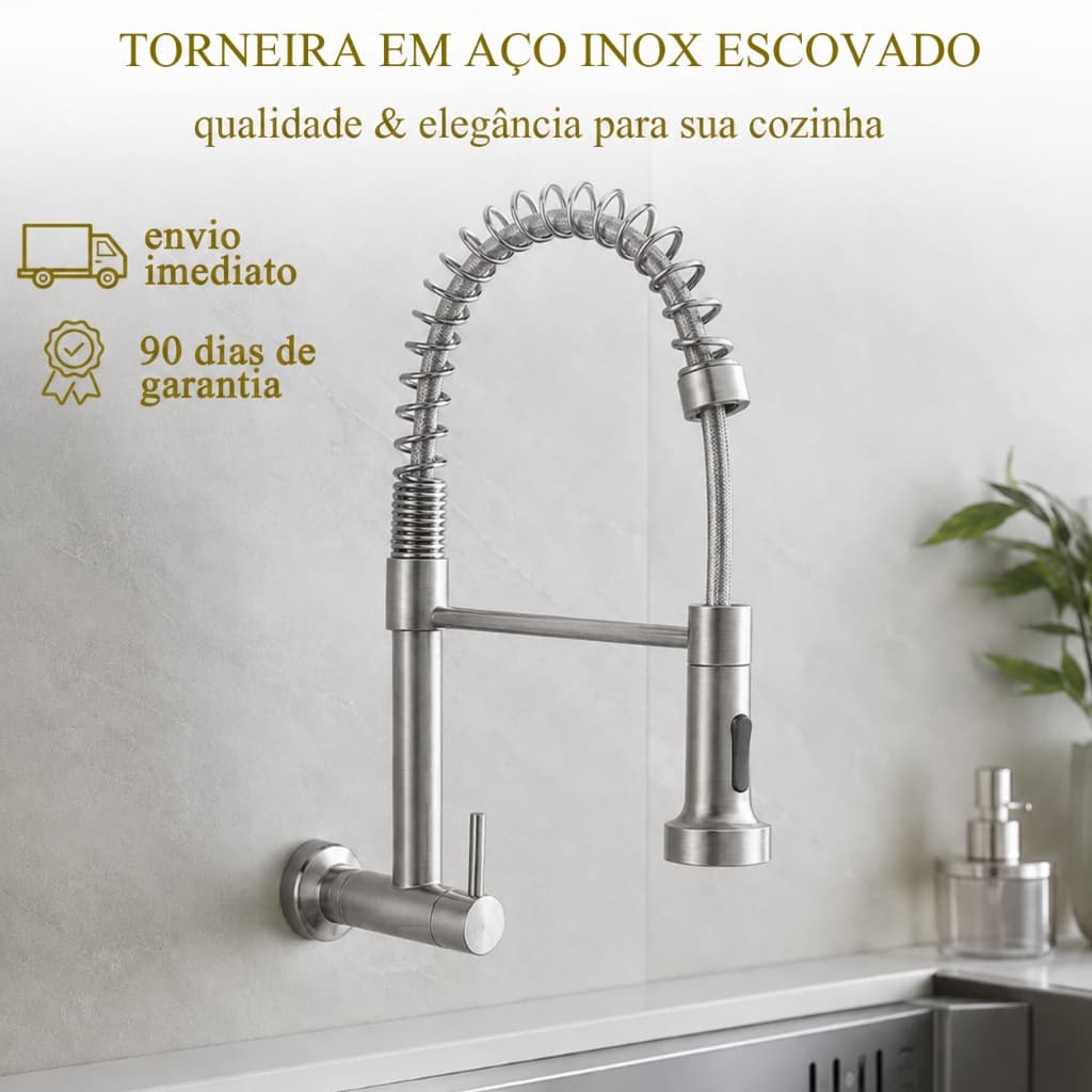 Torneira Cozinha Parede Metal Inox 304 Gourmet Flexível Luxo Monocomando 1/4 Volta Premium