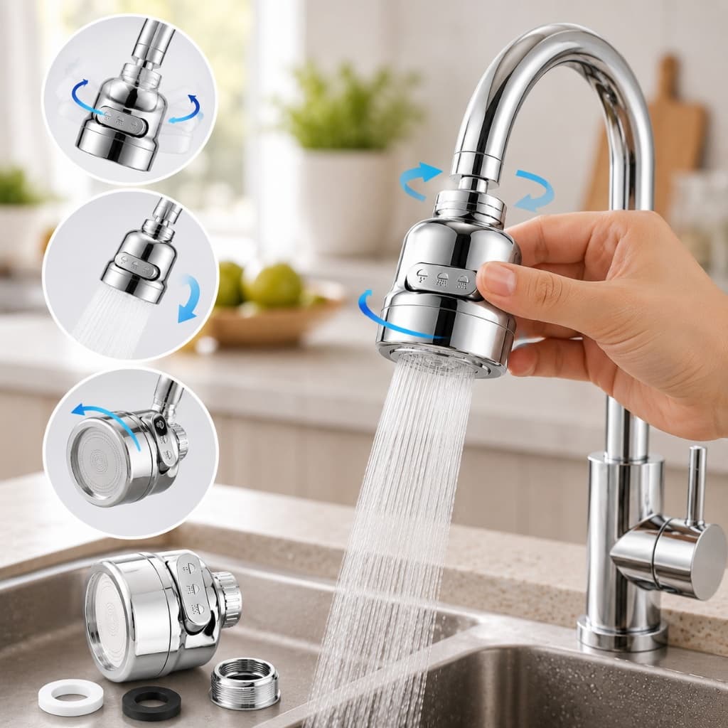 Bico Adaptador de 3 Jatos Aerador para Torneira de Cozinha com Economia de Água e Filtro, Torneira Ajustável, Aço Inoxid