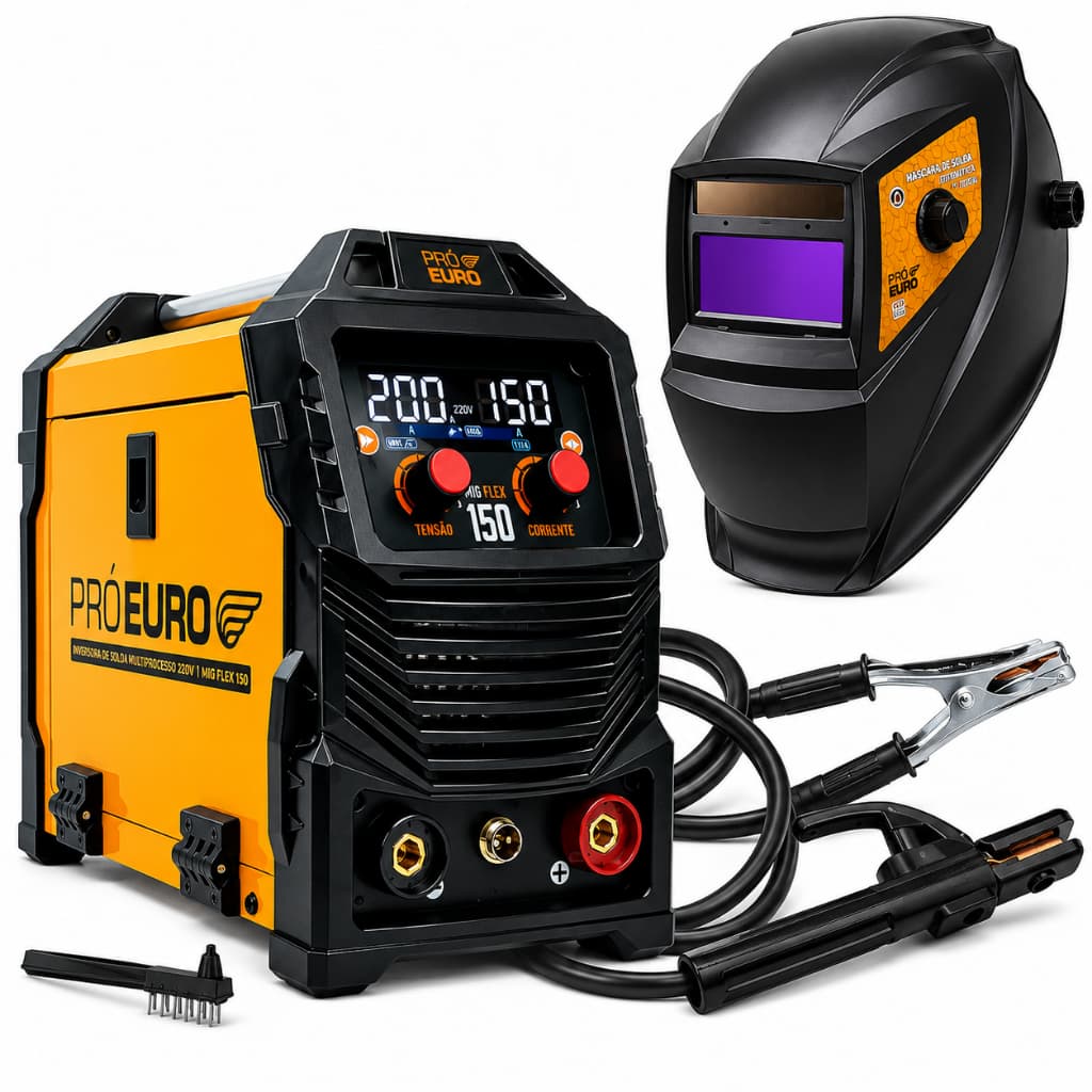 Kit Máquina Solda Multiprocesso MIG 150A Bivolt TIG MMA + Máscara Profissional Automática Pró Euro