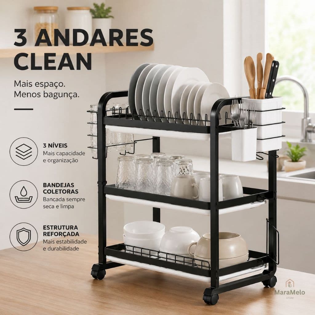 Escorredor De Louça 3 Andares Metal Preto Grande Organizador De Pia Cozinha Pronta Entrega Premium