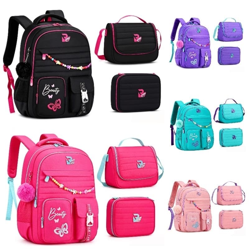 Kit Mochila Escolar Infantil Feminina 3 Peças Com Lancheira E Estojo