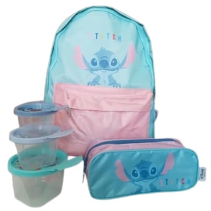 Kit Mochila Infantil Stitch Escolar + Estojo + 3 Potes Lanche Azul Rosa Menina Criança