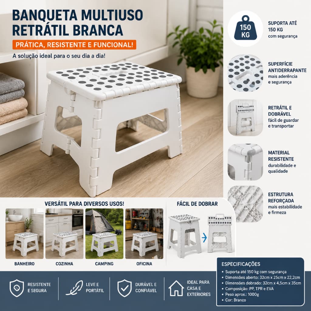 Banqueta Retratil Multiuso Branca Dobravél Suporte Resistente 150kg Versatil