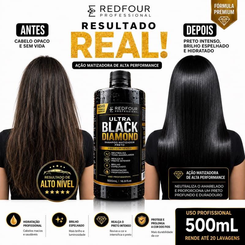 Shampoo Tonalizante Preto   Redfour Ultra Black Diamond 500mL Preto Intenso Tintura Preta Para Cabelos cobre o Branco