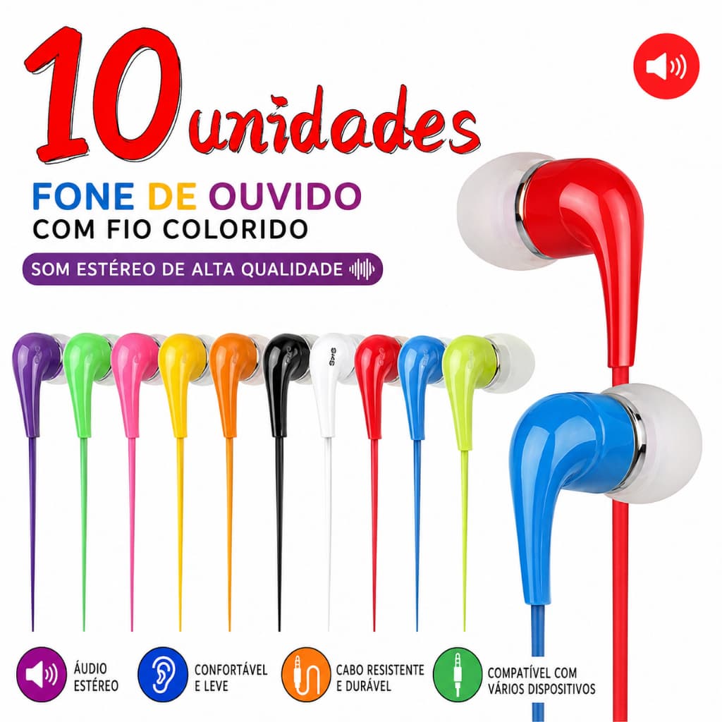 Fone de Ouvido Intra-Auricular com Fio Colorido Graves Potentes e Som Cristalino